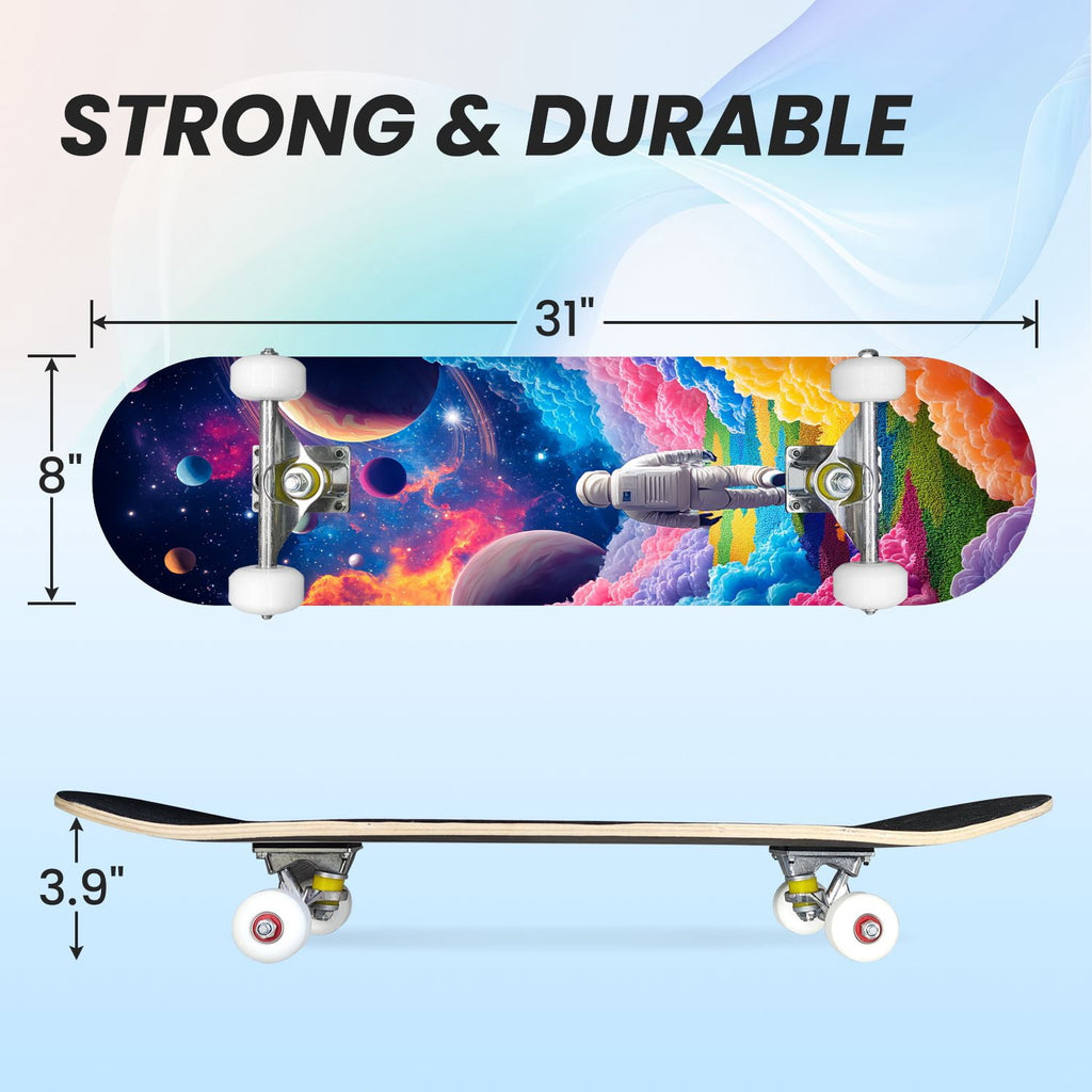 31"x8" Complete Skateboards for Beginners,Black Hexagon Honeycomb Glowing Blue Accents Double Kick 7 Ply Canadian Maple Deck Skateboard with Wheels, Gifts for Kids Teens