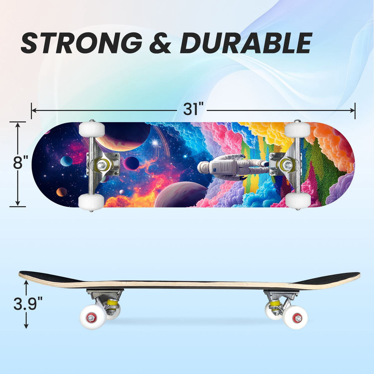 31"x8" Complete Skateboards for Beginners,Black Hexagon Honeycomb Glowing Blue Accents Double Kick 7 Ply Canadian Maple Deck Skateboard with Wheels, Gifts for Kids Teens