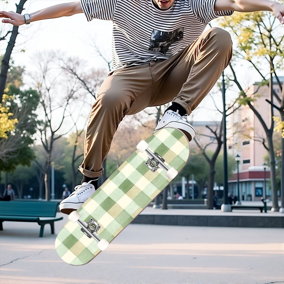 31"x8" Complete Skateboards for Beginners,Mint Green White Plaid Tartan Subtle Double Kick 7 Ply Canadian Maple Deck Skateboard with Wheels, Gifts for Kids Teens