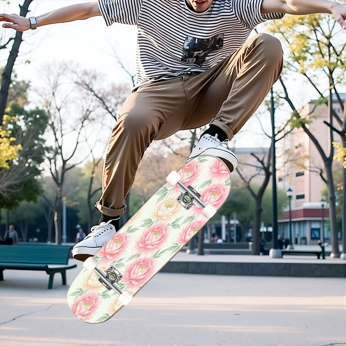31"x8" Complete Skateboards for Beginners, Pink Floral Ribbon Roses Bows White Double Kick 7 Ply Canadian Maple Deck Skateboard with Wheels, Gifts for Girls Teens