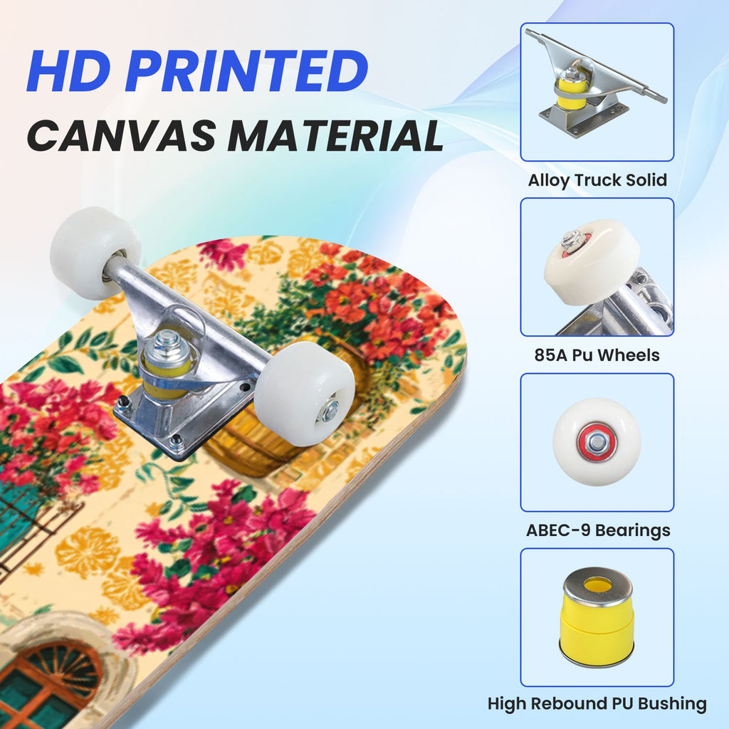 31"x8" Complete Skateboards for Beginners, Vintage Forest Woodland Large Trees Leaves River Cottage Double Kick 7 Ply Canadian Maple Deck Skateboard with Wheels, Gifts for Kids Teens