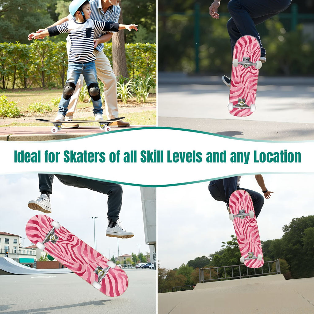 31"x8" Complete Skateboards for Beginners,Leopard Print Black Brown Beige Double Kick 7 Ply Canadian Maple Deck Skateboard with Wheels, Gifts for Kids Teens