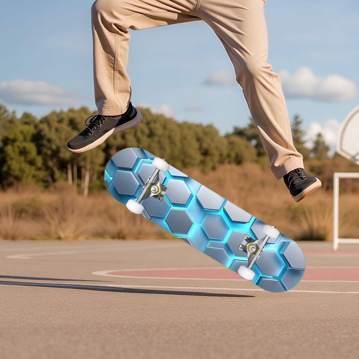 Futuristic Hexagonal Metallic Blue Glowing Orange Highlights 31" x 8" Complete Skateboard, 7-Ply Canadian Maple Double Kick Trick Board for Kids and Beginners Adult Gifts