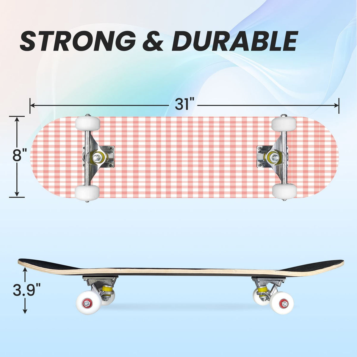 31"x8" Complete Skateboards for Beginners, Pink Floral Ribbon Roses Bows White Double Kick 7 Ply Canadian Maple Deck Skateboard with Wheels, Gifts for Girls Teens