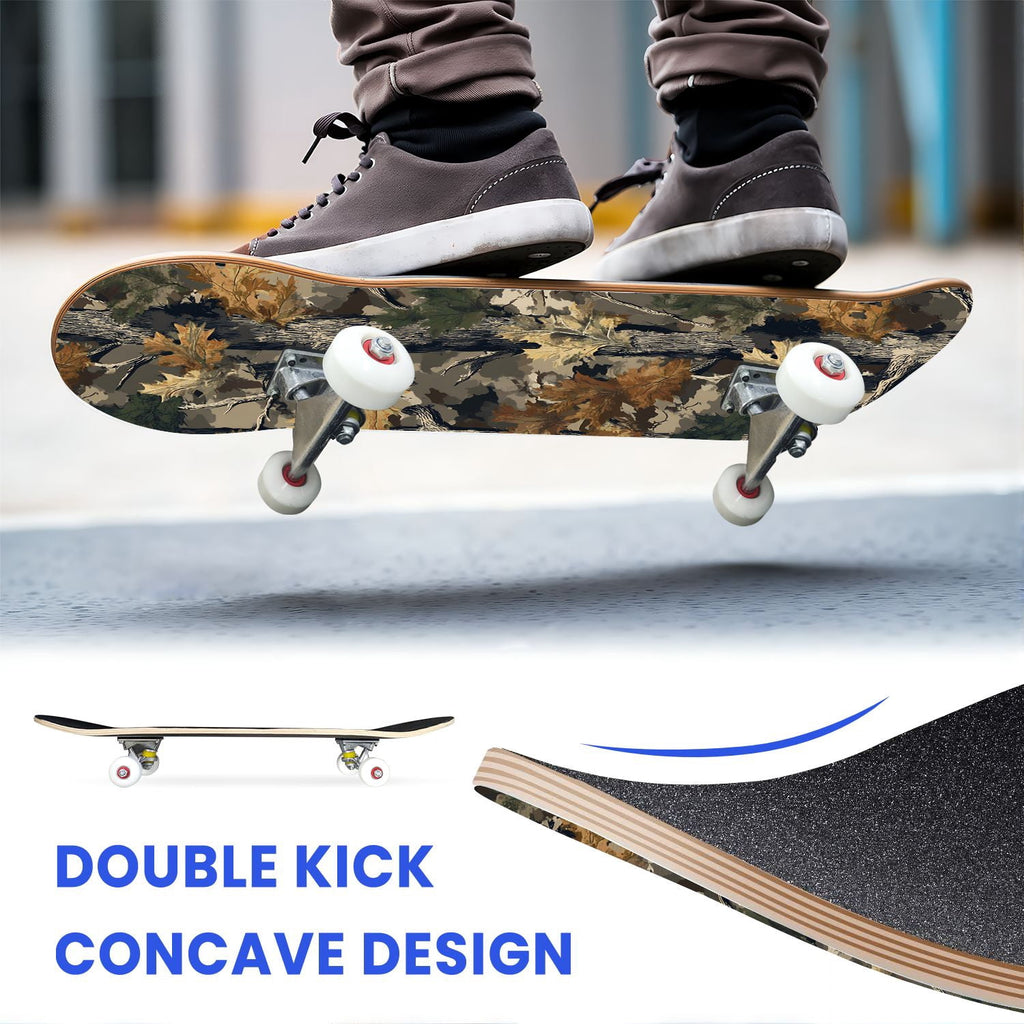31"x8" Complete Skateboards for Beginners,Abstract Natural Earthy Tones Brush Strokes Camouflage Double Kick 7 Ply Canadian Maple Deck Skateboard with Wheels, Gifts for Kids Teens
