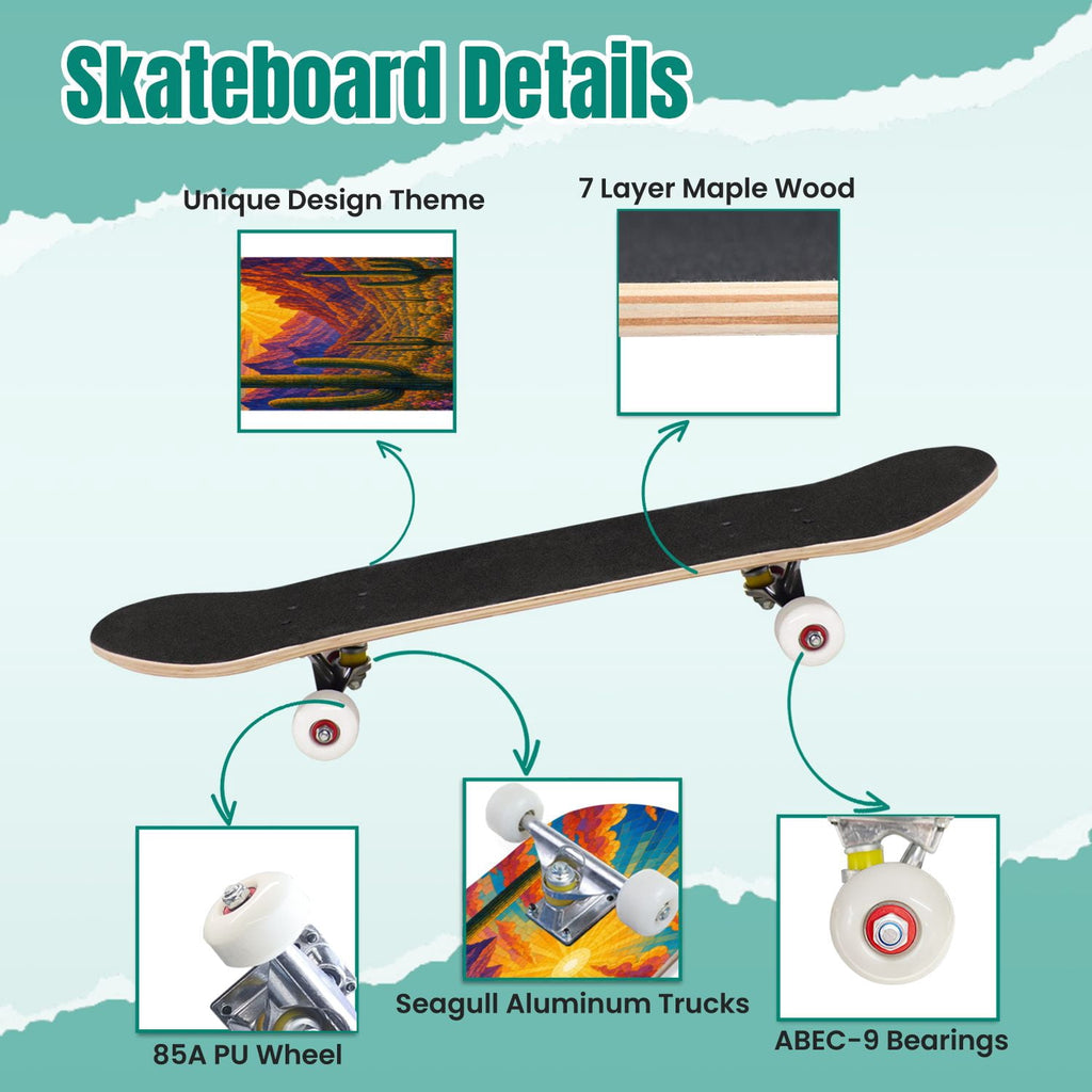 3D Nude Visual Effect Yellowish Brown Layered Chrysanthemum 31" x 8" Complete Skateboard, 7-Ply Canadian Maple Double Kick Trick Board for Kids and Beginners Adult Gifts
