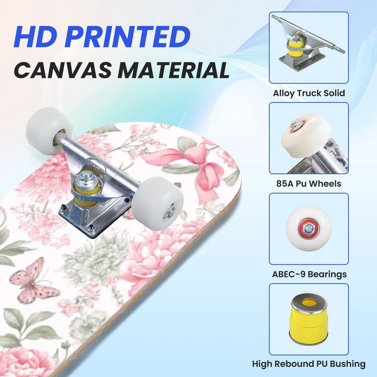 31"x8" Complete Skateboards for Beginners,Farmhouse Floral Daisy Flower Rustic Wood Board Double Kick 7 Ply Canadian Maple Deck Skateboard with Wheels, Gifts for Kids Teens