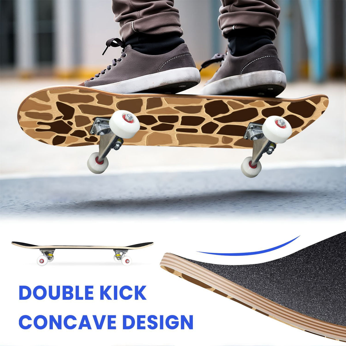 31"x8" Complete Skateboards for Beginners,Leopard Print Black Brown Beige Double Kick 7 Ply Canadian Maple Deck Skateboard with Wheels, Gifts for Kids Teens