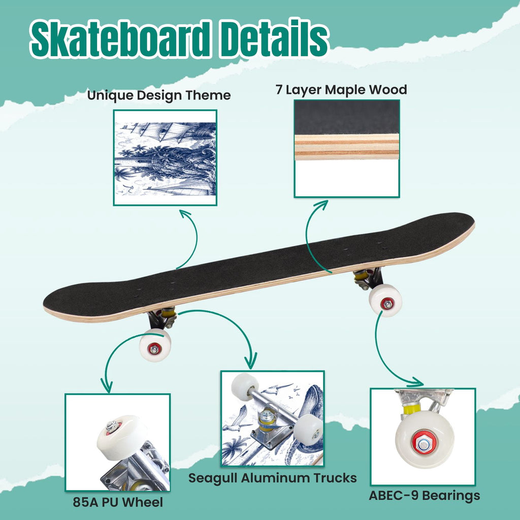 Abstract Geometric Curved Shapes Earthy Tones 31" x 8" Complete Skateboard, 7-Ply Canadian Maple Double Kick Trick Board for Kids and Beginners Adult Gifts