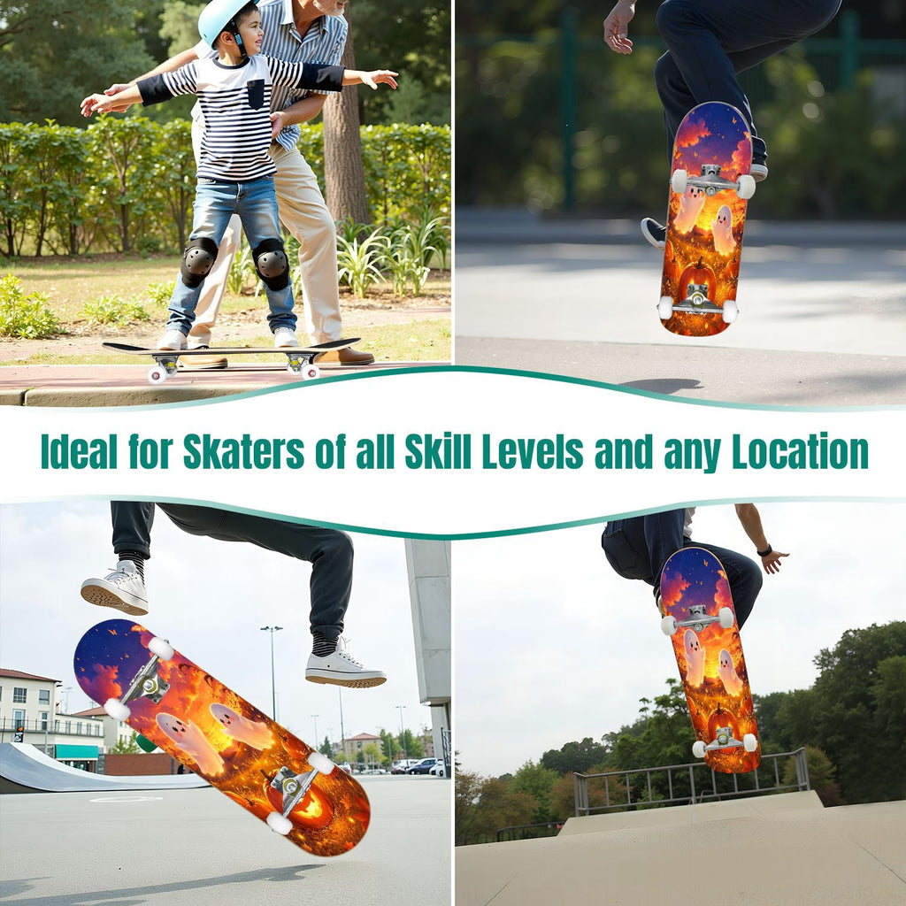 31"x8" Complete Skateboards for Beginners,Halloween Black Cats Pumpkins Ghosts Bats Beige Double Kick 7 Ply Canadian Maple Deck Skateboard with Wheels, Gifts for Kids Teens
