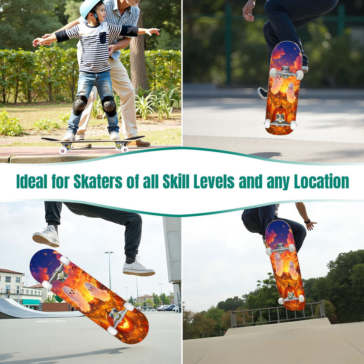31"x8" Complete Skateboards for Beginners,Halloween Black Cats Pumpkins Ghosts Bats Beige Double Kick 7 Ply Canadian Maple Deck Skateboard with Wheels, Gifts for Kids Teens