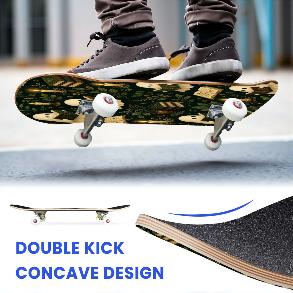 31"x8" Complete Skateboards for Beginners,Vintage Botanical Skull Flowers Elements Dark Double Kick 7 Ply Canadian Maple Deck Skateboard with Wheels, Gifts for Kids Teens