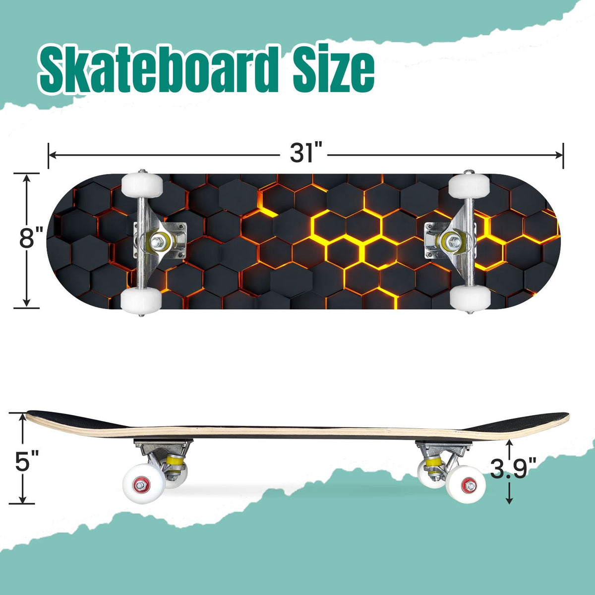 Futuristic Hexagonal Metallic Blue Glowing Orange Highlights 31" x 8" Complete Skateboard, 7-Ply Canadian Maple Double Kick Trick Board for Kids and Beginners Adult Gifts