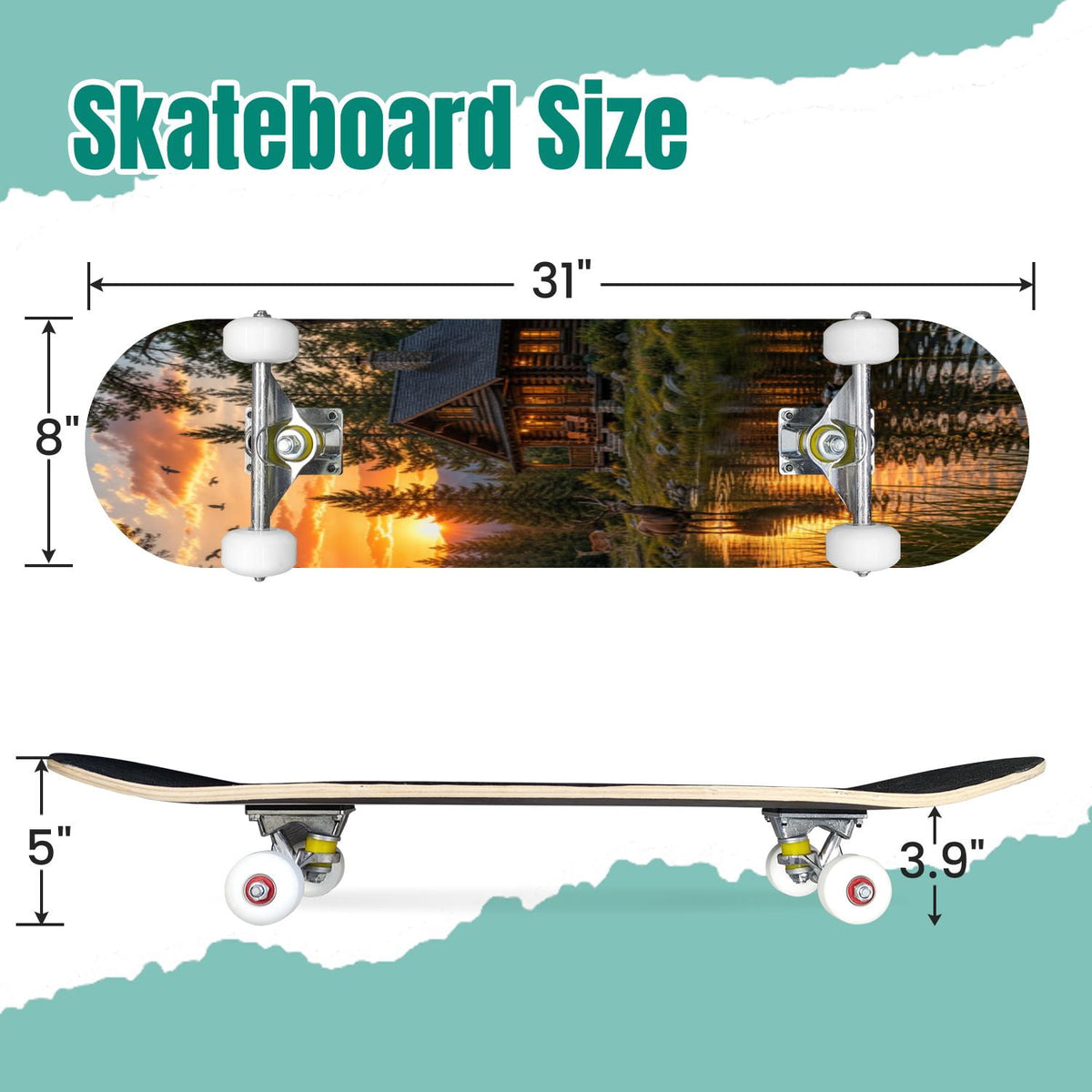 Modern Botanical Watercolor Pink Gold Mint Navy Leaves 31" x 8" Complete Skateboard, 7-Ply Canadian Maple Double Kick Trick Board for Kids and Beginners Adult Gifts