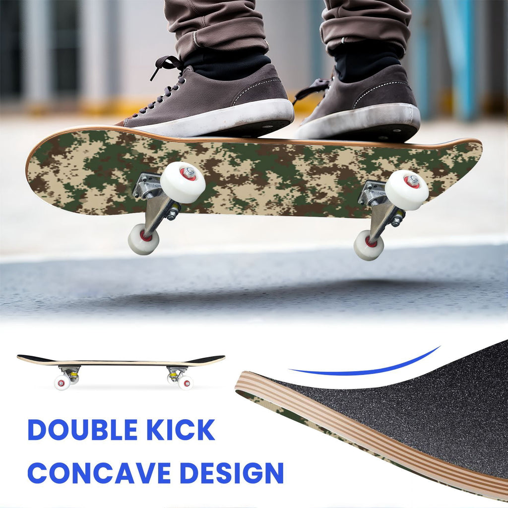 31"x8" Complete Skateboards for Beginners,Desert Camouflage Beige Tan Cream Organic Abstract Shapes Double Kick 7 Ply Canadian Maple Deck Skateboard with Wheels, Gifts for Kids Teens