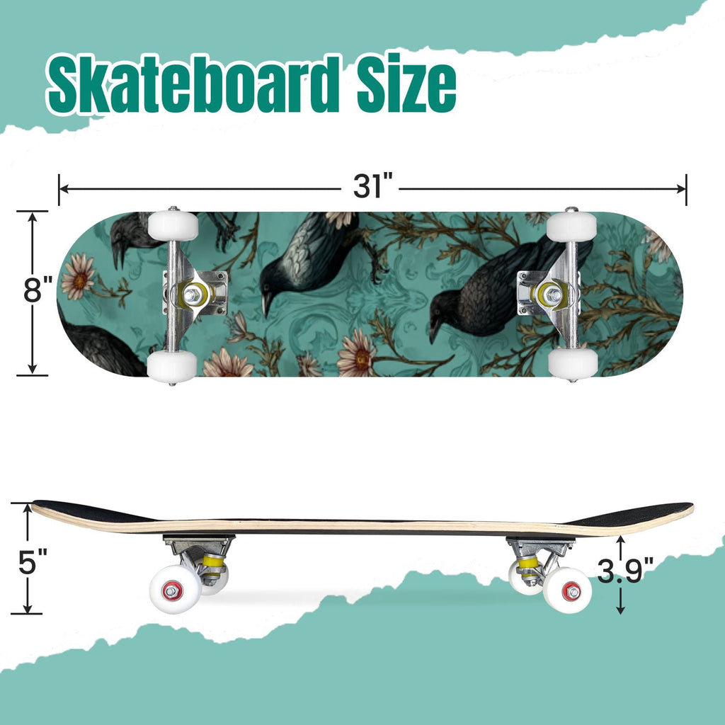 Gothic Purple Blue Floral Dark 31" x 8" Complete Skateboard, 7-Ply Canadian Maple Double Kick Trick Board for Kids and Beginners Adult Gifts
