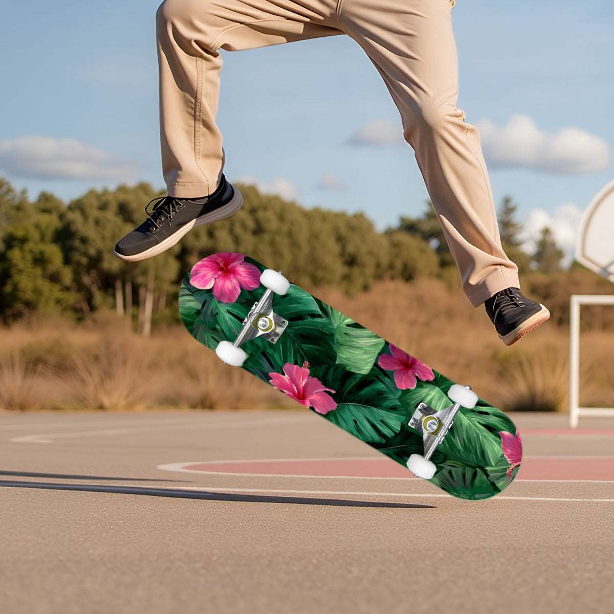Watercolor Botanical Blue Green Leaves Flowers 31" x 8" Complete Skateboard, 7-Ply Canadian Maple Double Kick Trick Board for Kids and Beginners Adult Gifts
