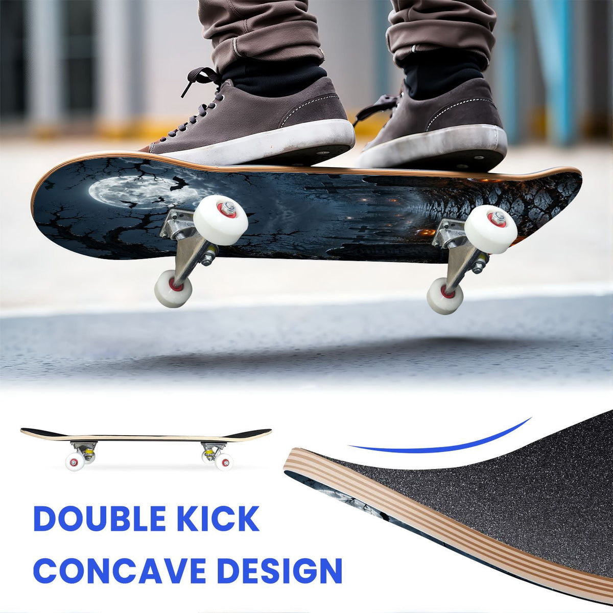 31"x8" Complete Skateboards for Beginners,Halloween Themed Pumpkins Witch Hats Spooky Double Kick 7 Ply Canadian Maple Deck Skateboard with Wheels, Gifts for Kids Teens