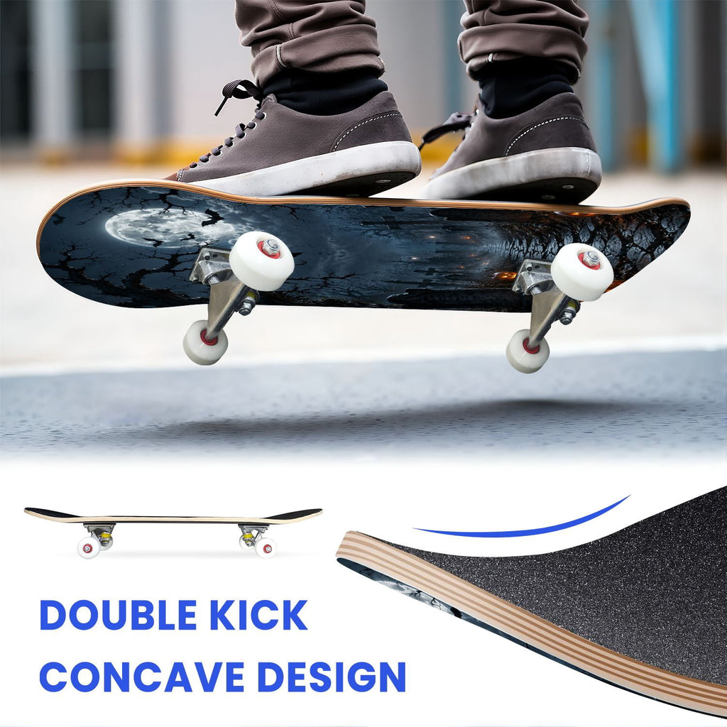 31"x8" Complete Skateboards for Beginners,Vintage Botanical Moth Autumn Leaves Mushrooms Double Kick 7 Ply Canadian Maple Deck Skateboard with Wheels, Gifts for Kids Teens
