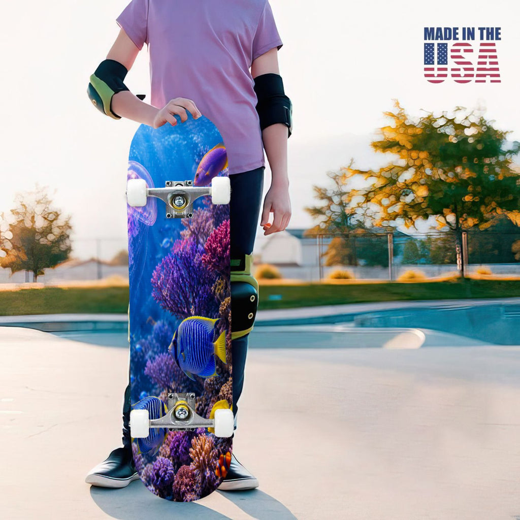 31"x8" Complete Skateboards for Beginners, Colorful Cosmic Octopus Tentacles Starry Marine Life Double Kick 7 Ply Canadian Maple Deck Skateboard with Wheels, Gifts for Kids Teens