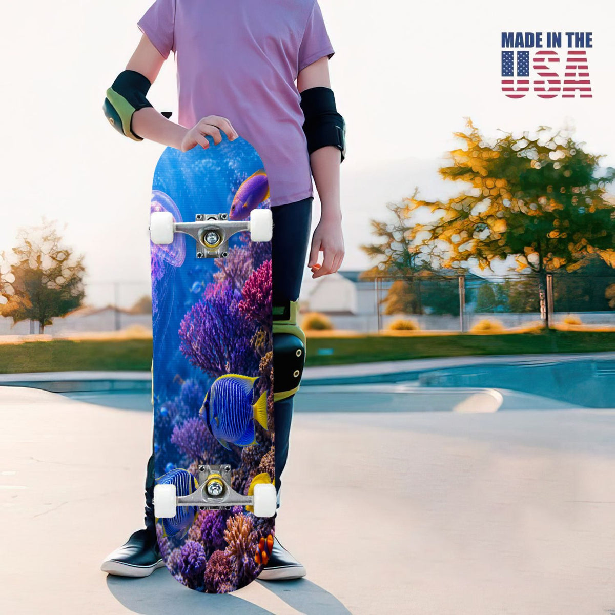 31"x8" Complete Skateboards for Beginners, Colorful Underwater Two Seahorses Coral Reefs Double Kick 7 Ply Canadian Maple Deck Skateboard with Wheels, Gifts for Kids Teens