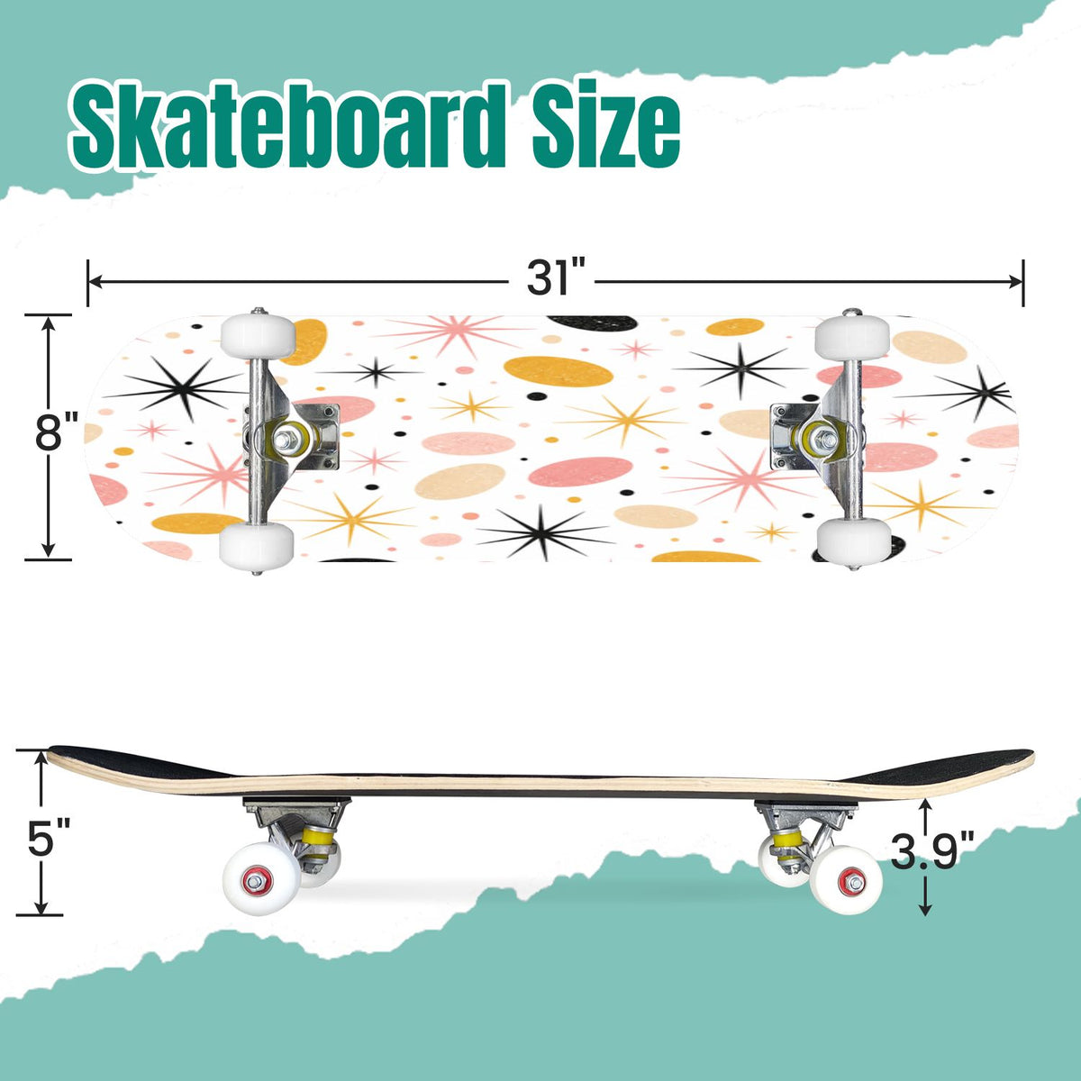 Abstract Geometric Curved Shapes Earthy Tones 31" x 8" Complete Skateboard, 7-Ply Canadian Maple Double Kick Trick Board for Kids and Beginners Adult Gifts