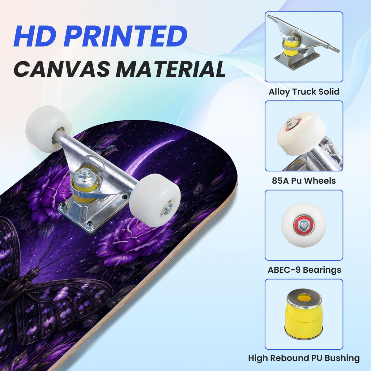 31"x8" Complete Skateboards for Beginners, Purple Floral Roses Butterfly Starry Vintage Botanical Double Kick 7 Ply Canadian Maple Deck Skateboard with Wheels, Gifts for Kids Teens