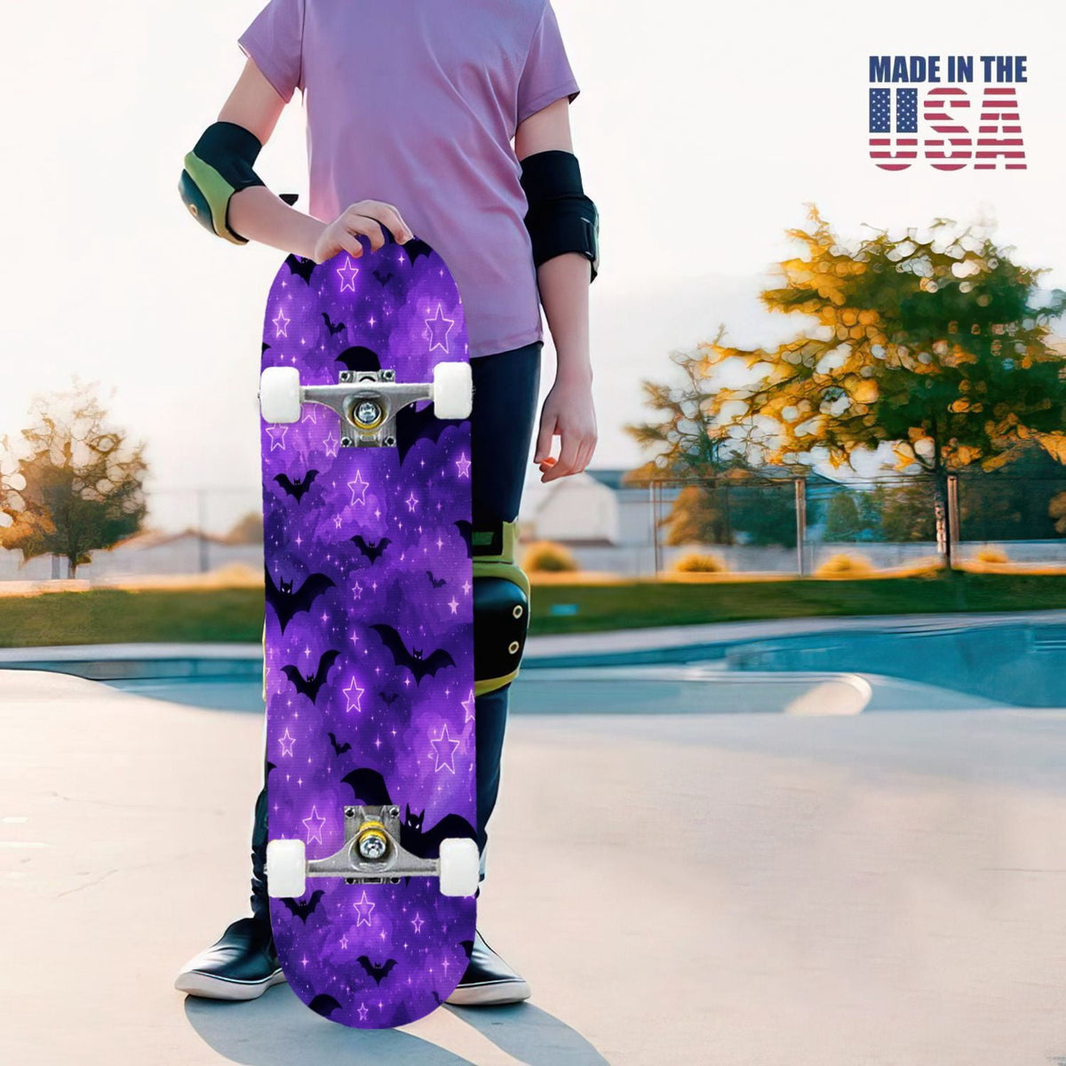 31"x8" Complete Skateboards for Beginners,Cute Ghosts Purple Bows Bats Lilac Halloween Double Kick 7 Ply Canadian Maple Deck Skateboard with Wheels, Gifts for Kids Teens