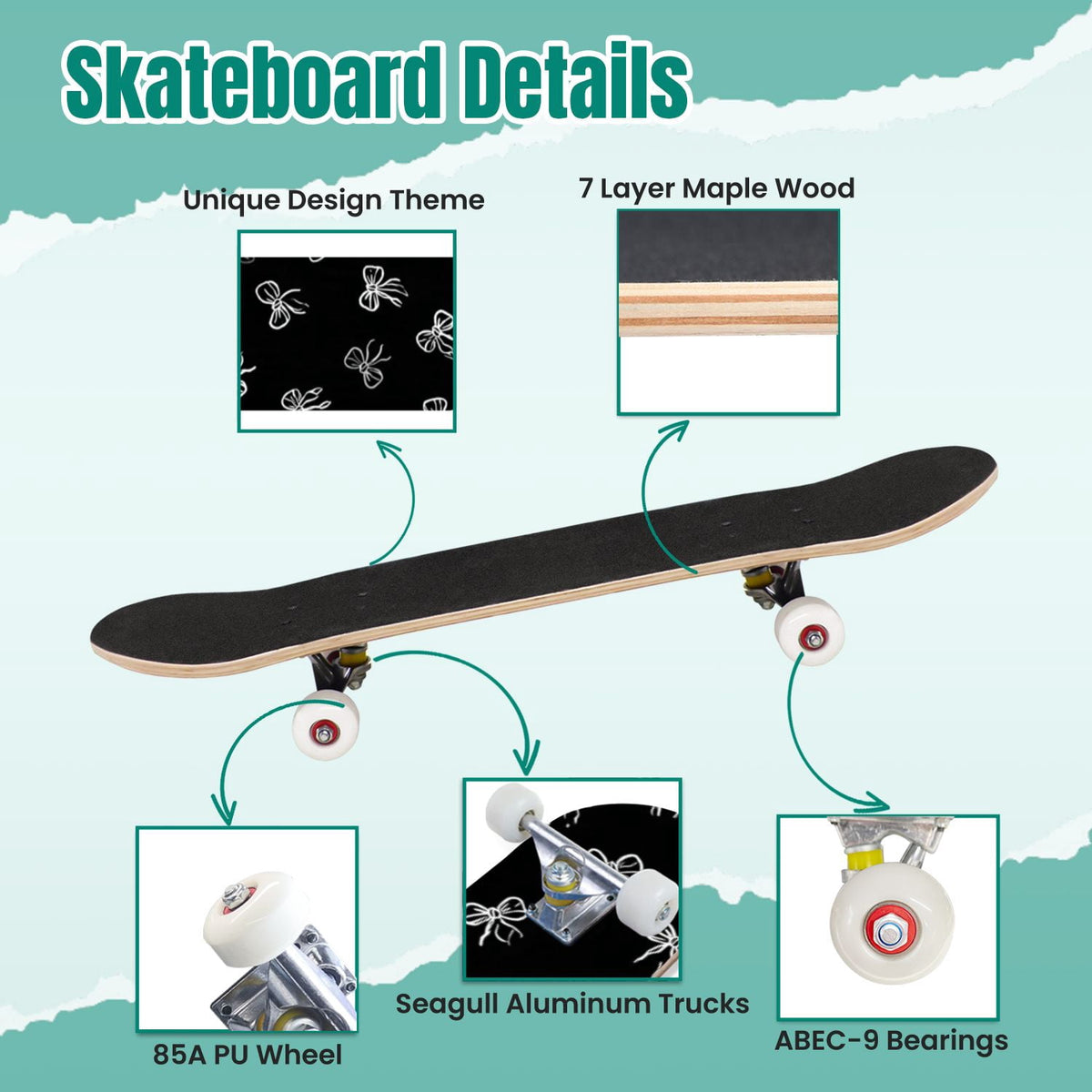Delicate Pink Floral Ribbon Design 31" x 8" Complete Skateboard, 7-Ply Canadian Maple Double Kick Trick Board for Kids and Beginners Adult Gifts