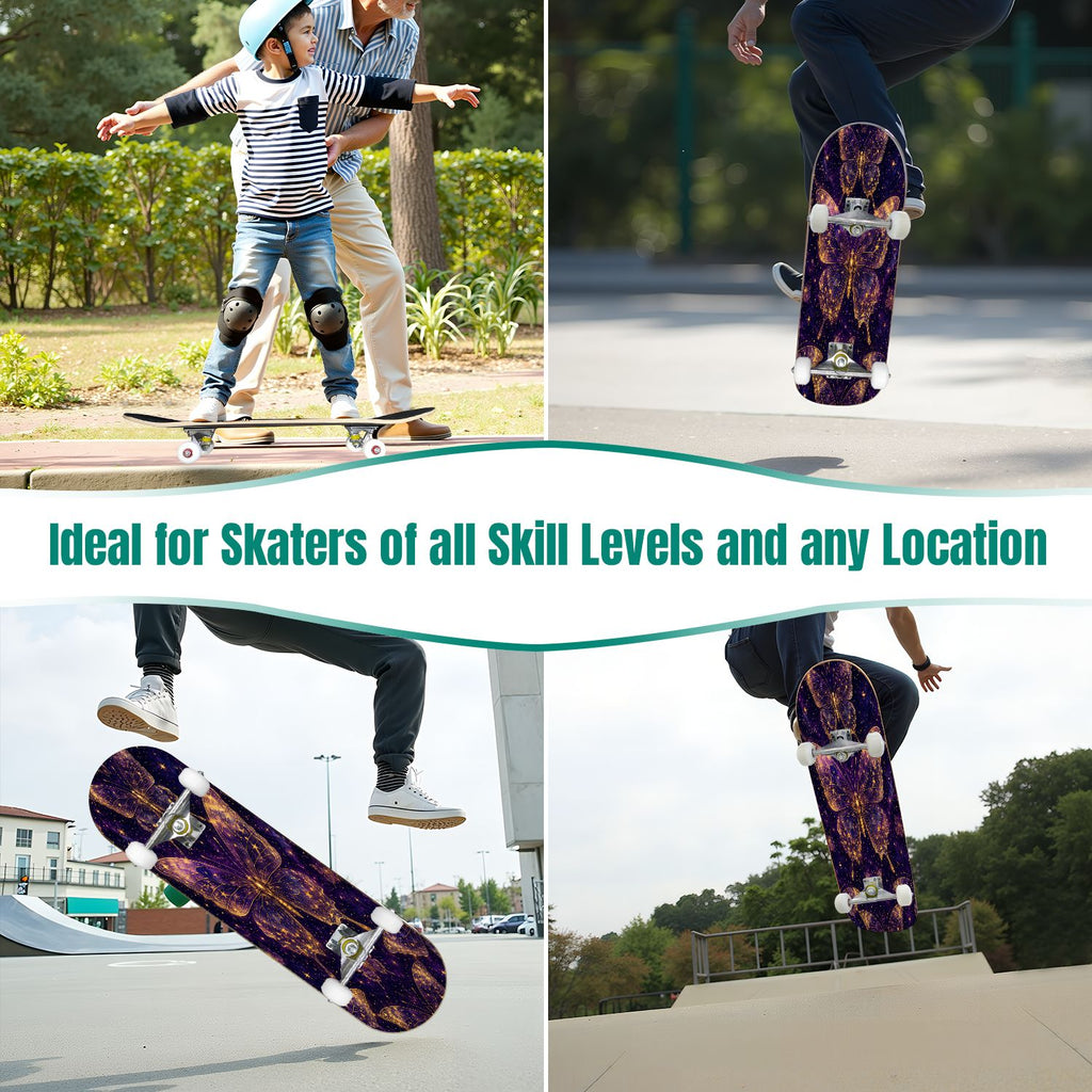 31"x8" Complete Skateboards for Beginners, Purple Floral Roses Butterfly Starry Vintage Botanical Double Kick 7 Ply Canadian Maple Deck Skateboard with Wheels, Gifts for Kids Teens