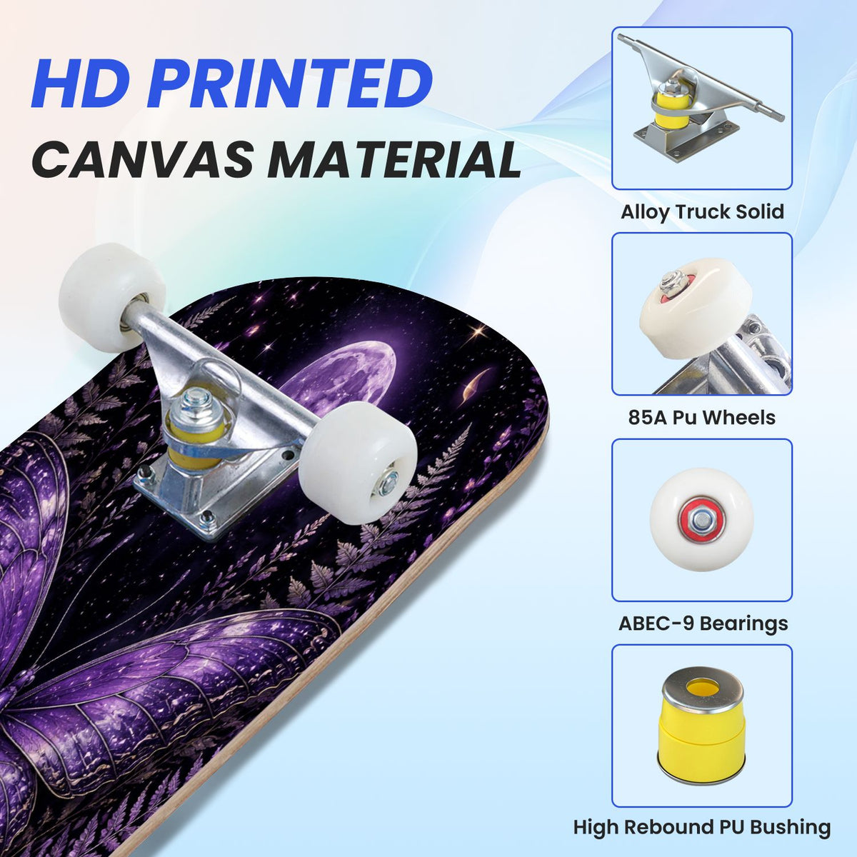 31"x8" Complete Skateboards for Beginners, Blue Moth Moonlight Flowers Mushrooms Forest Double Kick 7 Ply Canadian Maple Deck Skateboard with Wheels, Gifts for Kids Teens