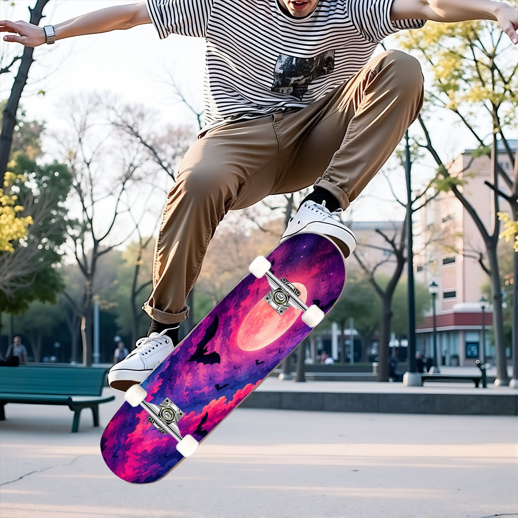 31"x8" Complete Skateboards for Beginners, Purple Celestial Moon Sun Art Floral Stars Double Kick 7 Ply Canadian Maple Deck Skateboard with Wheels, Gifts for Kids Teens