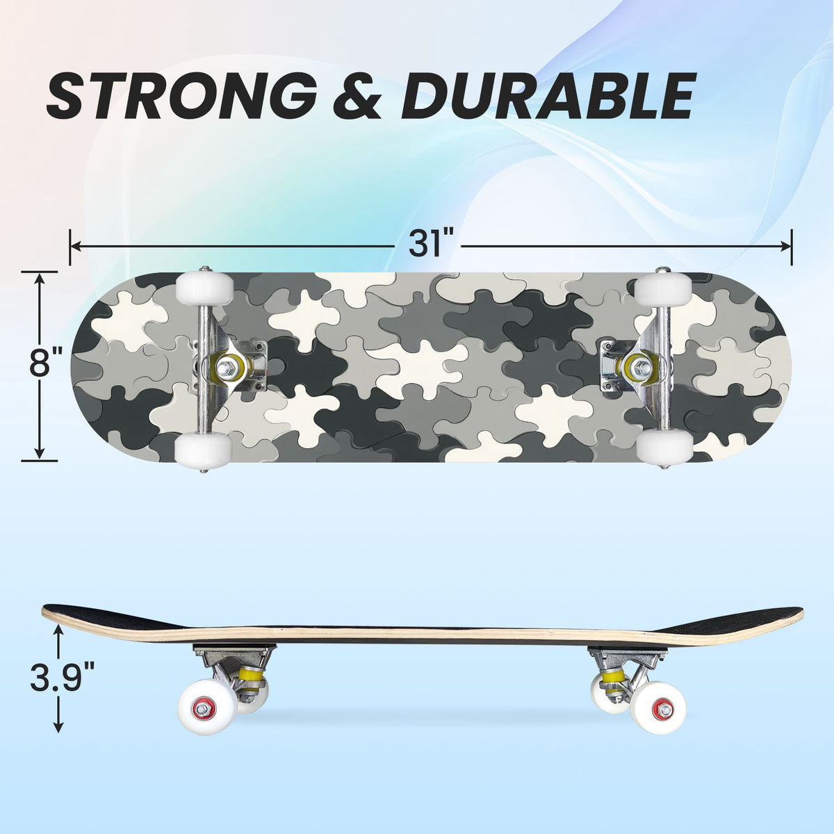 31"x8" Complete Skateboards for Beginners,Orange Basketball Hoop Blue Sky Clouds Double Kick 7 Ply Canadian Maple Deck Skateboard with Wheels, Gifts for Kids Teens