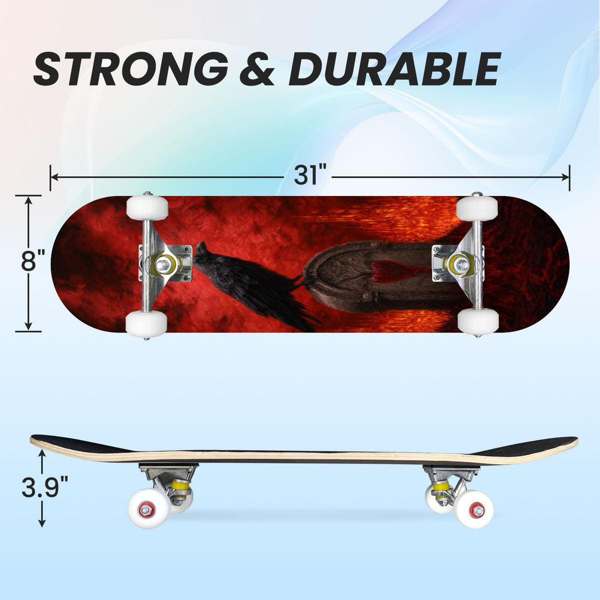 31"x8" Complete Skateboards for Beginners, Romantic Skeletons Blooming Roses Dark Academia Double Kick 7 Ply Canadian Maple Deck Skateboard with Wheels, Gifts for Kids Teens