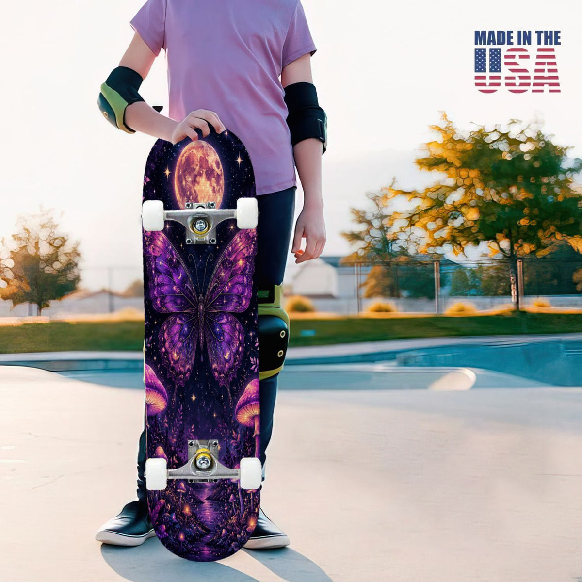 31"x8" Complete Skateboards for Beginners, Glowing Bioluminescent Mushrooms Mystical Forest Double Kick 7 Ply Canadian Maple Deck Skateboard with Wheels, Gifts for Kids Teens