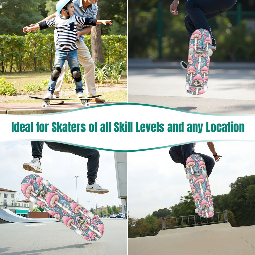 31"x8" Complete Skateboards for Beginners, Pink Floral Striped Delicate Leaves Flowers Botanical Double Kick 7 Ply Canadian Maple Deck Skateboard with Wheels, Gifts for Girls Teens