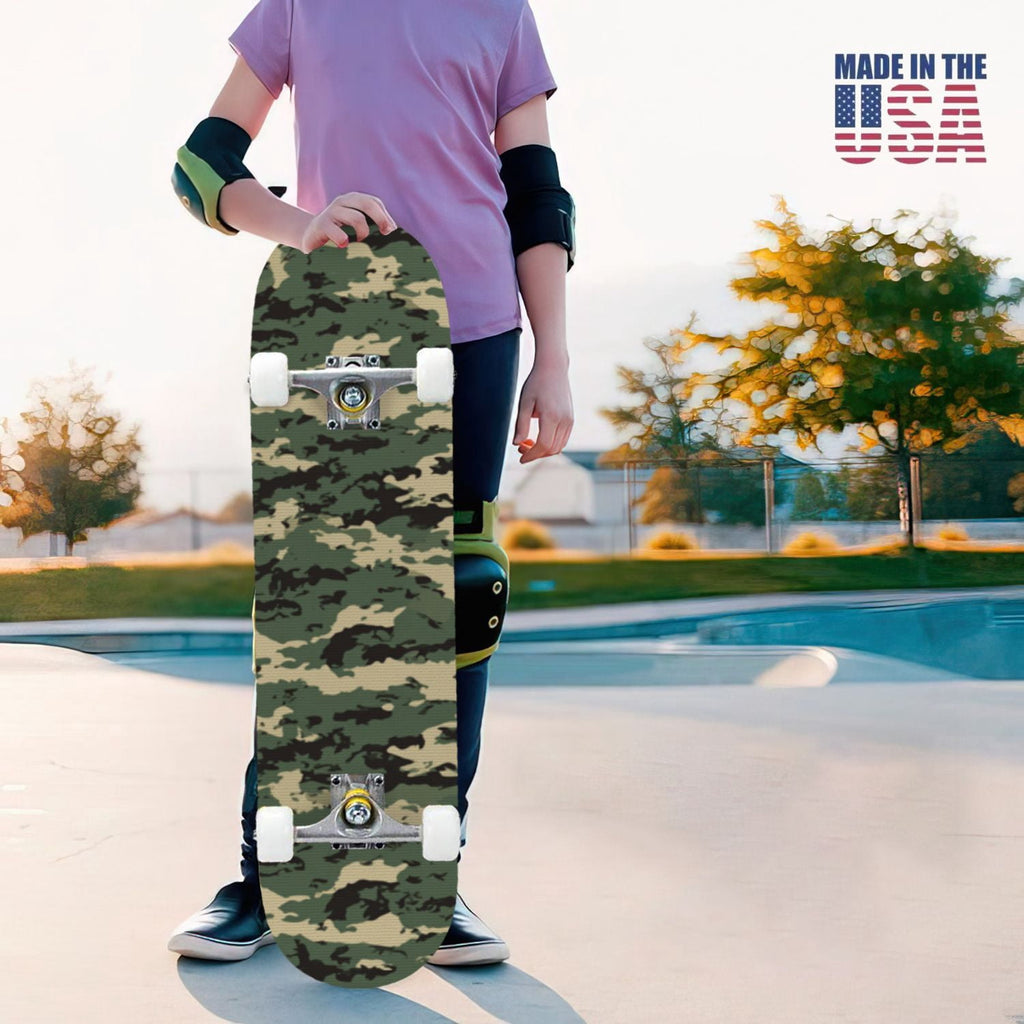 31"x8" Complete Skateboards for Beginners,Desert Camouflage Beige Tan Cream Organic Abstract Shapes Double Kick 7 Ply Canadian Maple Deck Skateboard with Wheels, Gifts for Kids Teens