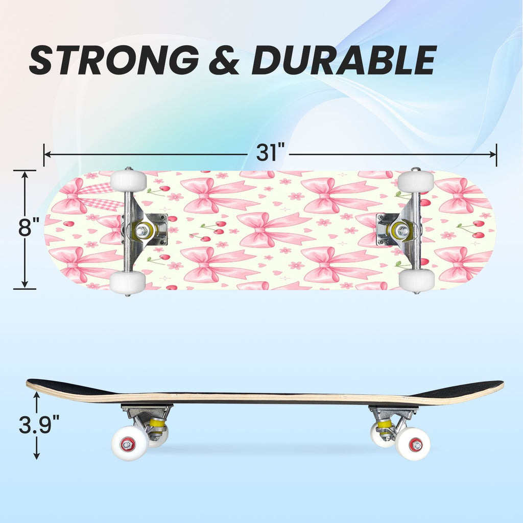 31"x8" Complete Skateboards for Beginners, Seamless Pink Peony Floral Cream Double Kick 7 Ply Canadian Maple Deck Skateboard with Wheels, Gifts for Girls Teens