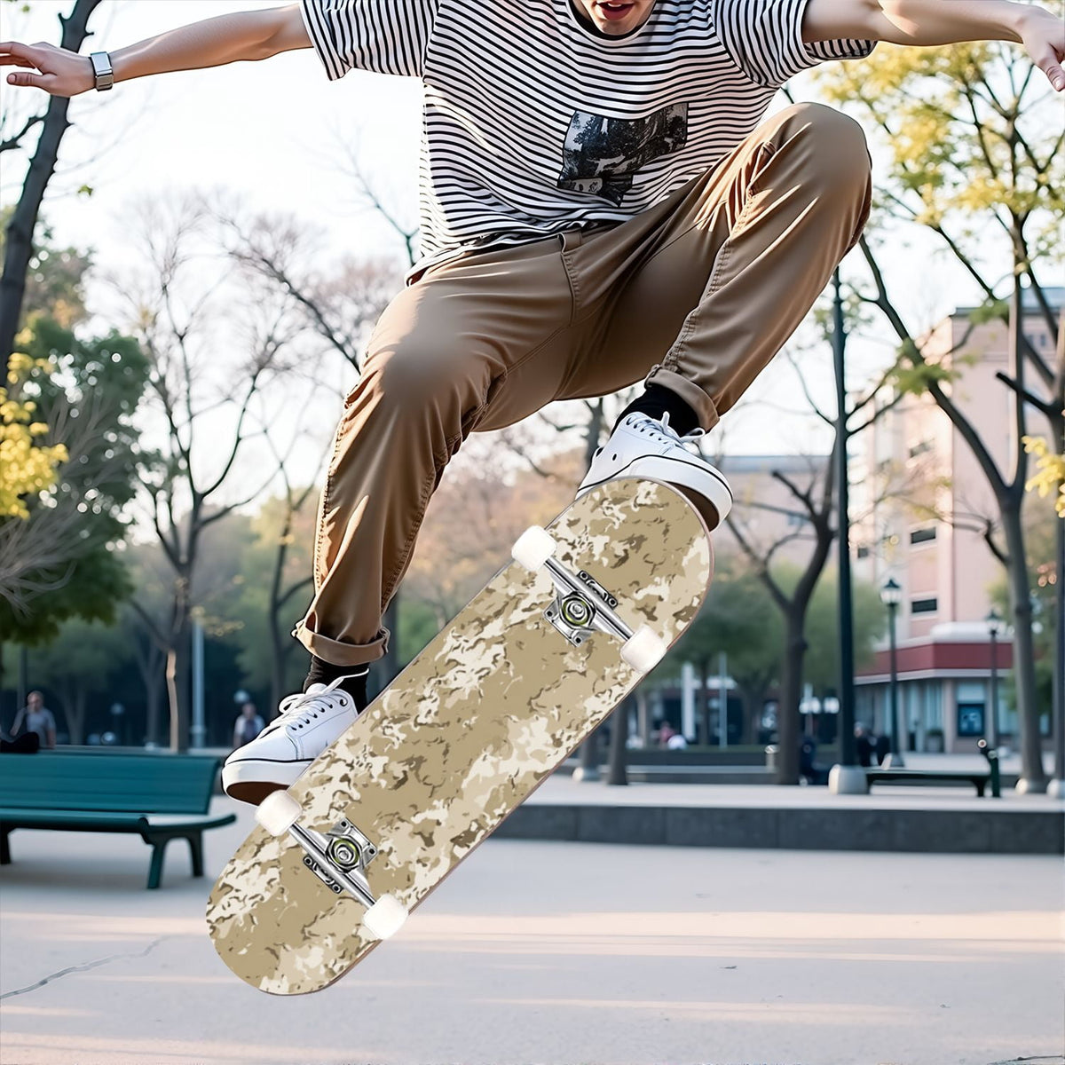 31"x8" Complete Skateboards for Beginners,Desert Camouflage Beige Tan Cream Organic Abstract Shapes Double Kick 7 Ply Canadian Maple Deck Skateboard with Wheels, Gifts for Kids Teens