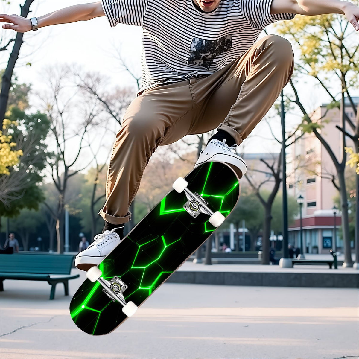 31"x8" Complete Skateboards for Beginners, Honeycomb Futuristic Hexagonal Neon Glowing Orange Light Double Kick 7 Ply Canadian Maple Deck Skateboard with Wheels, Gifts for Kids Teens