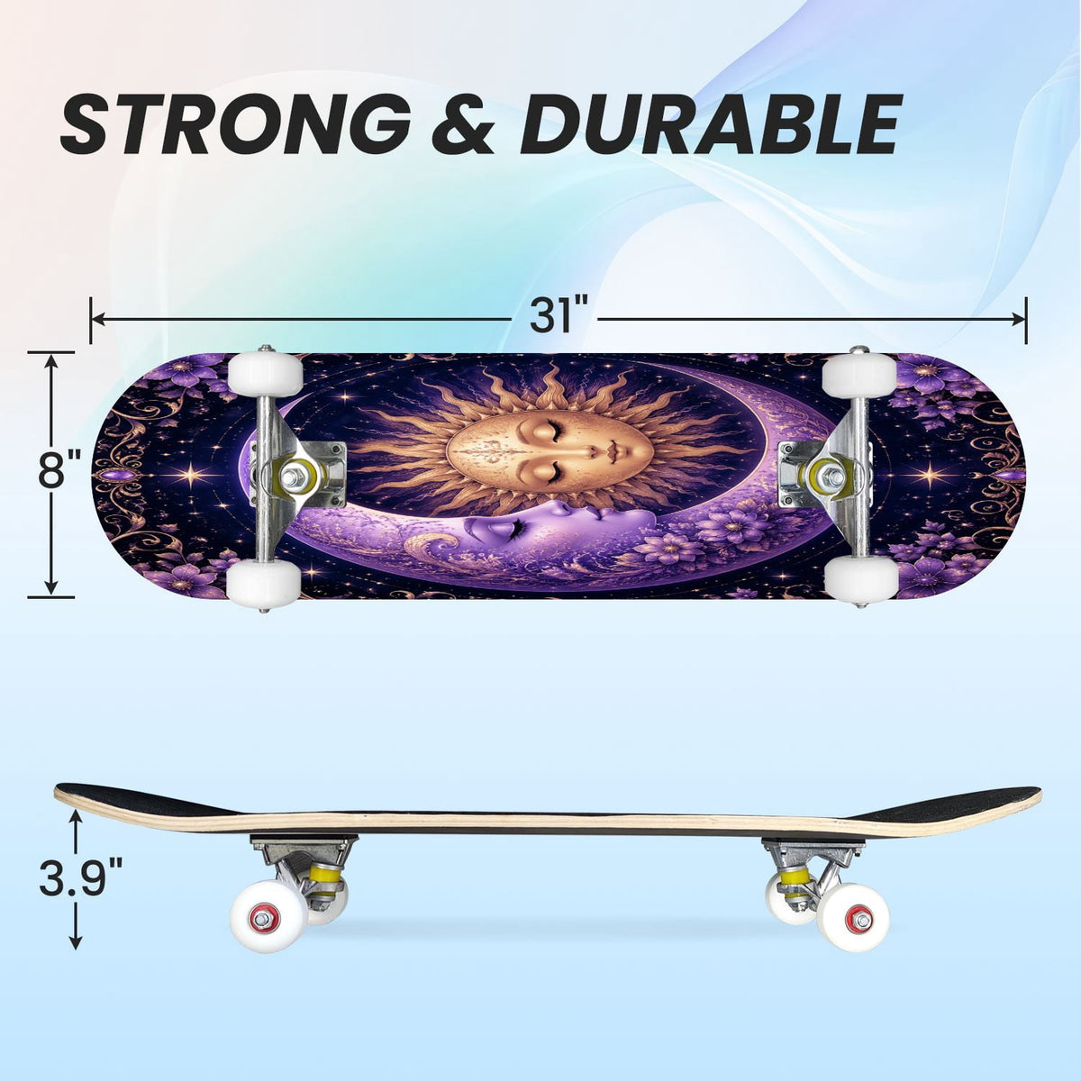 31"x8" Complete Skateboards for Beginners, Purple Celestial Moon Sun Art Floral Stars Double Kick 7 Ply Canadian Maple Deck Skateboard with Wheels, Gifts for Kids Teens