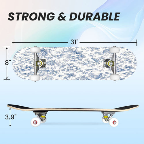 31"x8" Complete Skateboards for Beginners,Blue White Toile Rabbits Birds Floral Motifs Double Kick 7 Ply Canadian Maple Deck Skateboard with Wheels, Gifts for Kids Teens