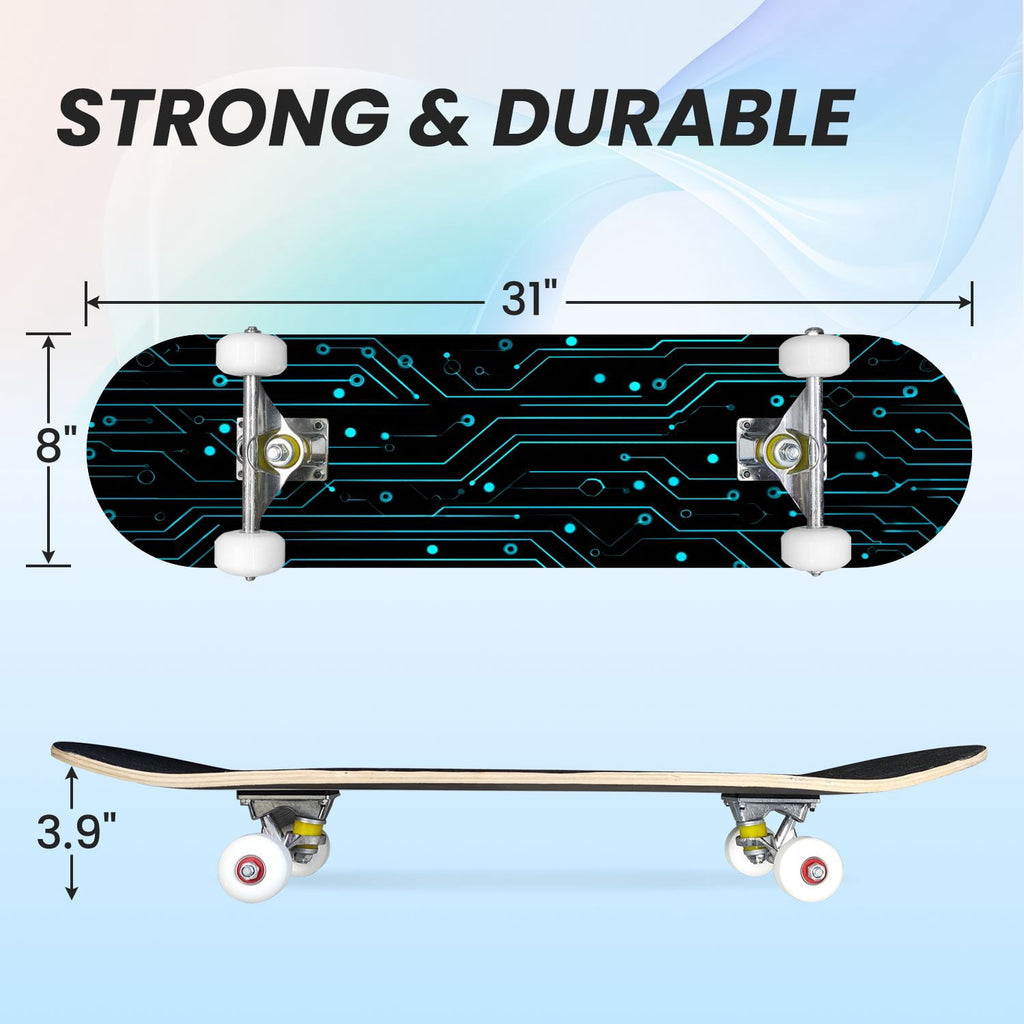 31"x8" Complete Skateboards for Beginners,Hexagon neon blue glow futuristic Double Kick 7 Ply Canadian Maple Deck Skateboard with Wheels, Gifts for Kids Teens