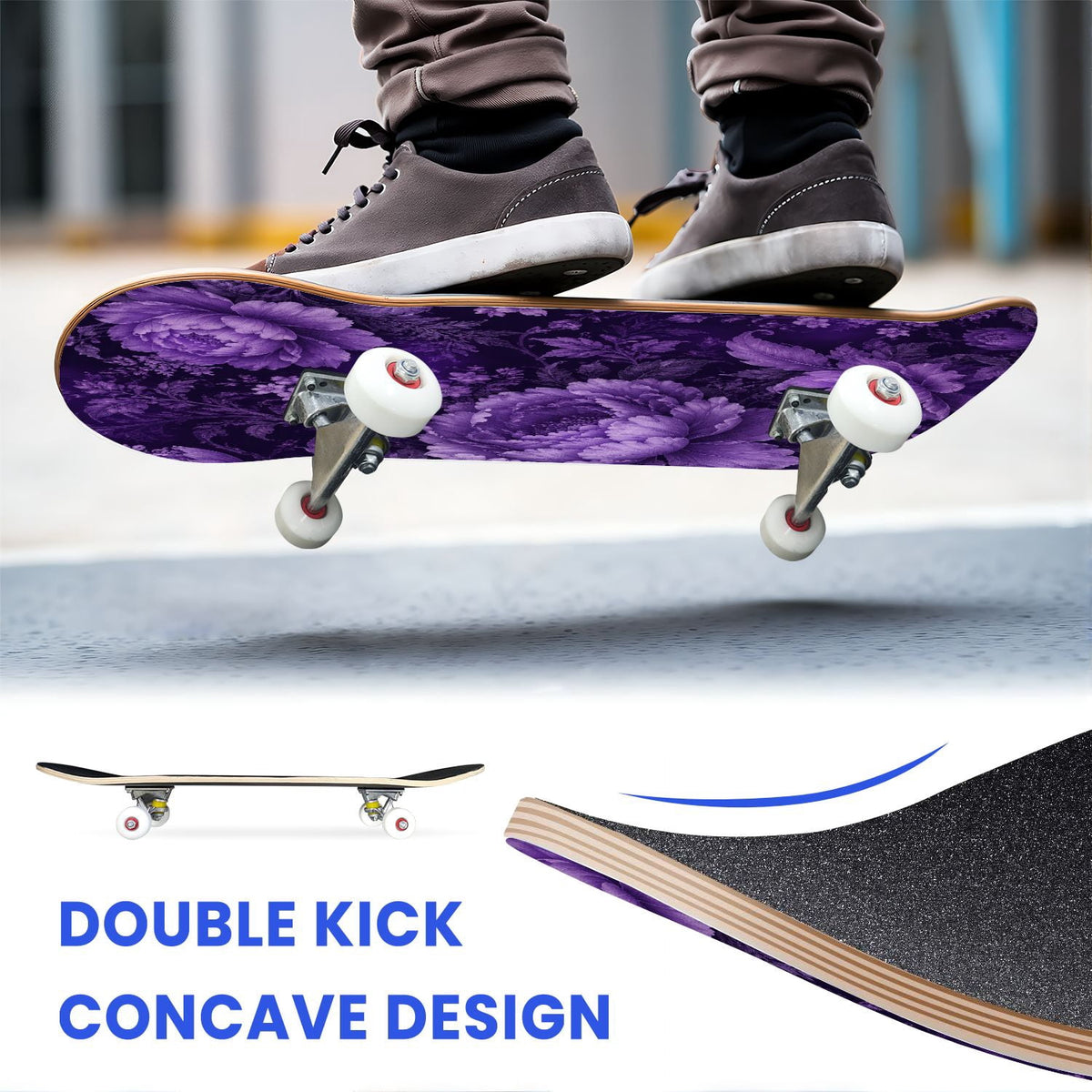 31"x8" Complete Skateboards for Beginners, Purple Celestial Moon Sun Art Floral Stars Double Kick 7 Ply Canadian Maple Deck Skateboard with Wheels, Gifts for Kids Teens