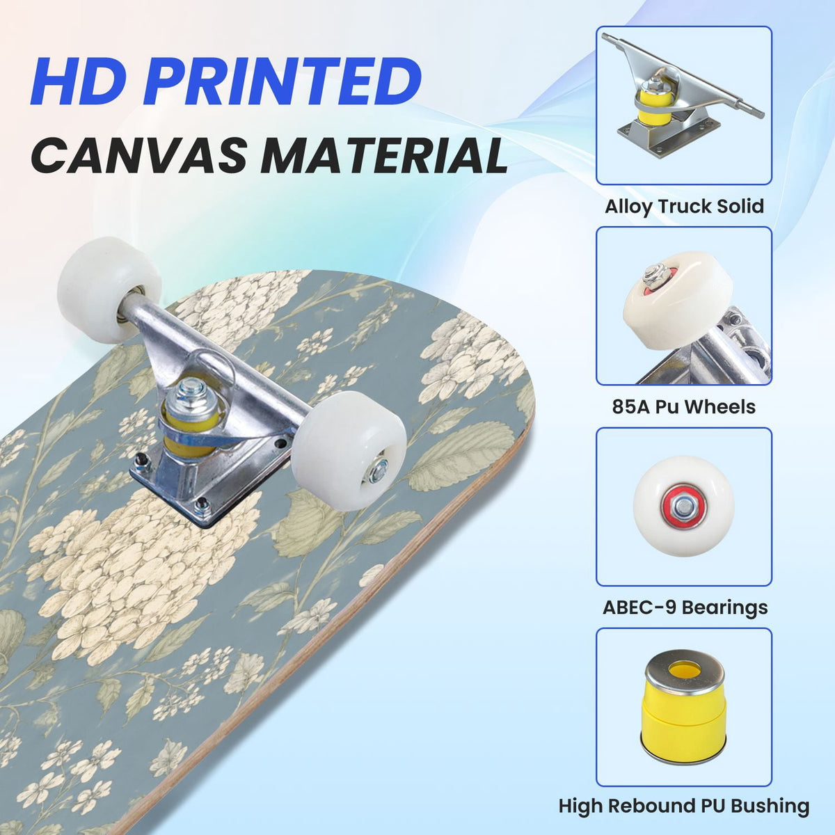 31"x8" Complete Skateboards for Beginners,Blue Flowers Crystals Seamless Watercolor Double Kick 7 Ply Canadian Maple Deck Skateboard with Wheels, Gifts for Kids Teens