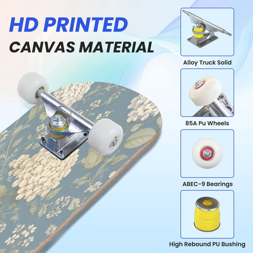 31"x8" Complete Skateboards for Beginners,Blue White Toile Rabbits Birds Floral Motifs Double Kick 7 Ply Canadian Maple Deck Skateboard with Wheels, Gifts for Kids Teens
