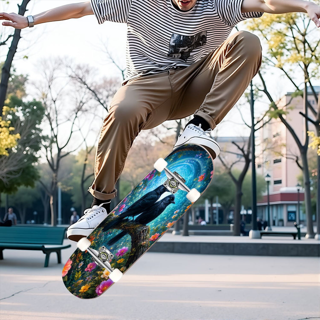31"x8" Complete Skateboards for Beginners,Vintage Botanical Moth Autumn Leaves Mushrooms Double Kick 7 Ply Canadian Maple Deck Skateboard with Wheels, Gifts for Kids Teens