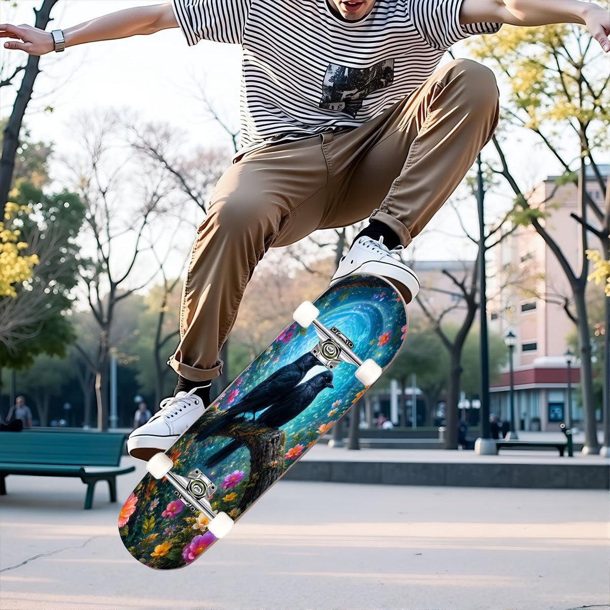 31"x8" Complete Skateboards for Beginners,Vintage Botanical Moth Autumn Leaves Mushrooms Double Kick 7 Ply Canadian Maple Deck Skateboard with Wheels, Gifts for Kids Teens
