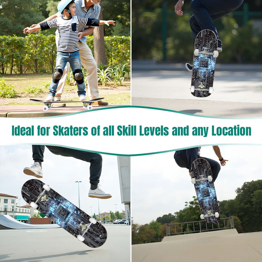 Futuristic Blue Abstract Technology Glowing Core 31" x 8" Complete Skateboard, 7-Ply Canadian Maple Double Kick Trick Board for Kids and Beginners Adult Gifts