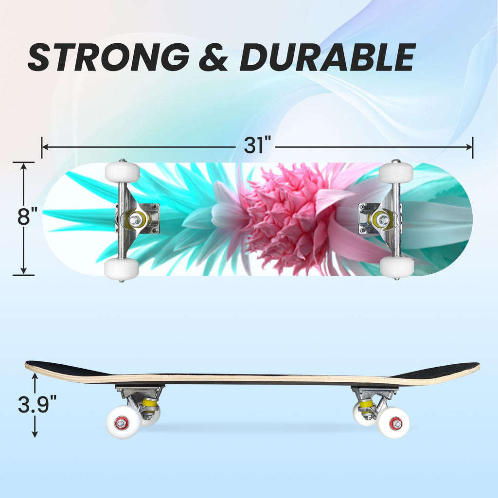 31"x8" poisous plants Mushroom Complete Skateboard for Beginners hand colored vintage retro 7 Layer Maple Deck Double Kick Kids Skateboard with 85A PU Wheels Gifts for Kids Teens